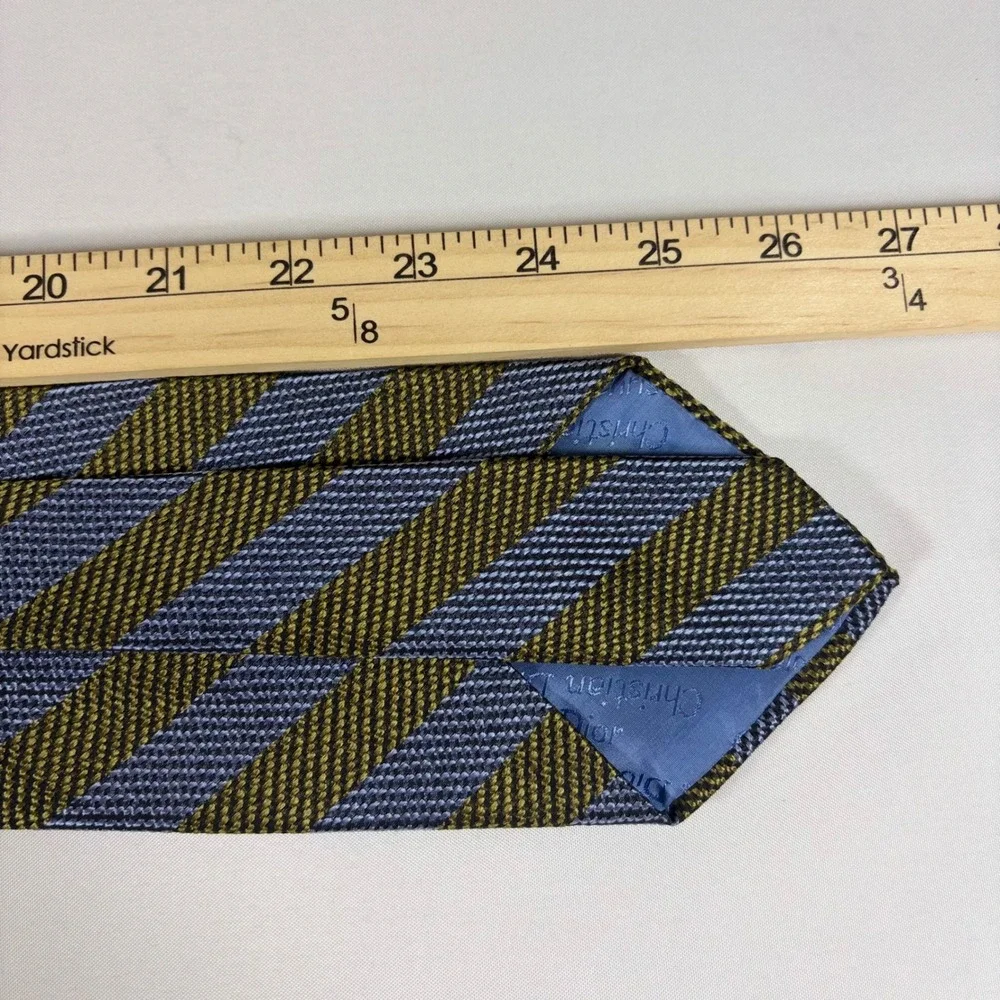 Christian Dior Mens Silk Necktie Vintage Striped Olive Green Blue‎ Designer Tie